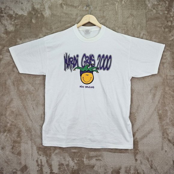 Jerzees Mardi Gras 2000 New Orleans T-Shirt Men's Size L White Graphic Print - Picture 1 of 10
